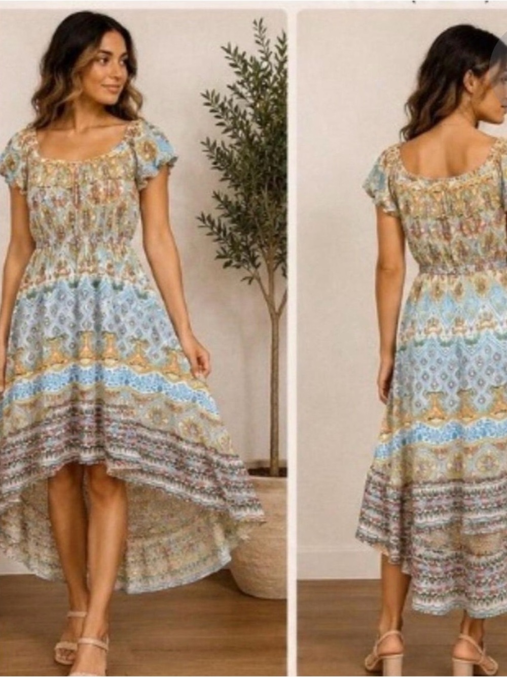 RAGA Blue and Cream High-Low Boho Dress